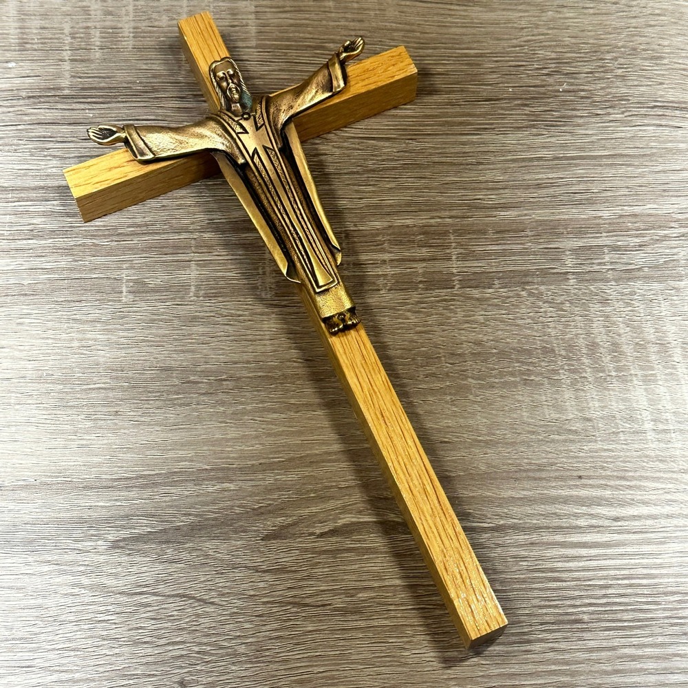 VTG Risen Christ Oak Wood Wall Cross Bronze Tone Metal Crucifix 10" MCM Faith